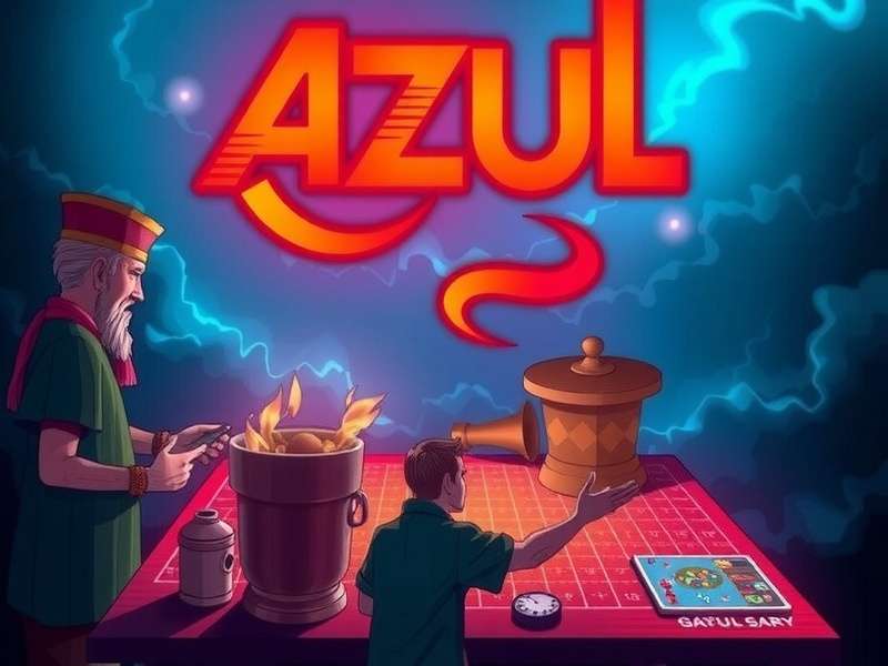 A vibrant overhead shot of an Azul board game in mid-play, showing colorful tiles on player boards and the central factory displays.