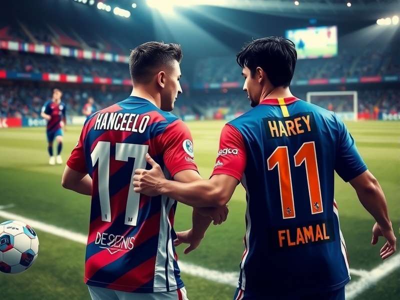 Dynamic football match between a blue and a red team, symbolizing Cruz Azul vs Flamengo