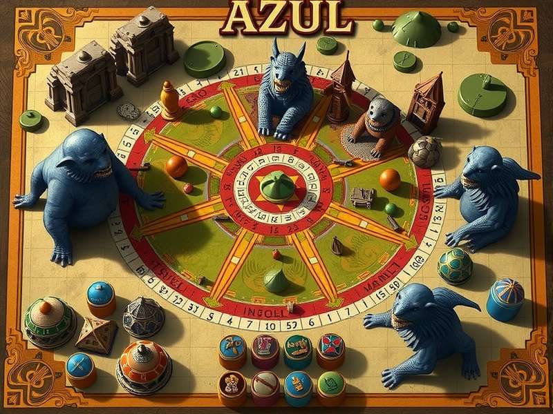 Azul board game setup with colorful tiles and player boards