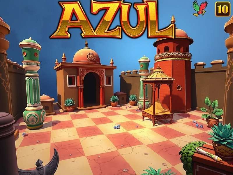 Colorful Azul game tiles arranged in a beautiful mosaic pattern on a wooden table