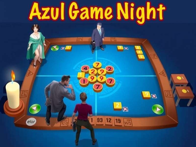 A vibrant Azul board game setup during a game night, showing colorful tiles and player boards