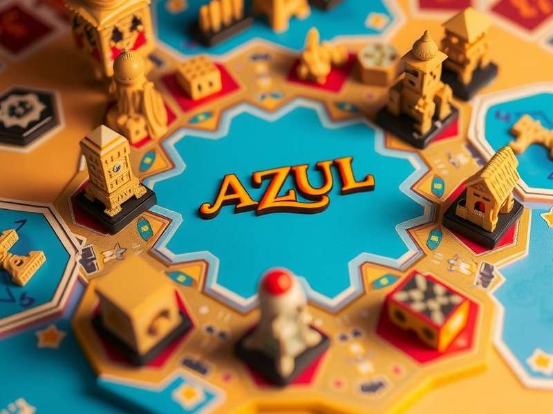 A close-up of the Azul board game components showing colorful tiles, player boards, and scoring track