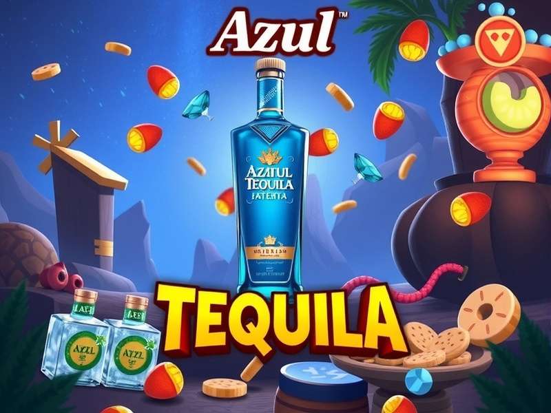 Azul board game components arranged artistically next to a bottle of premium Tequila